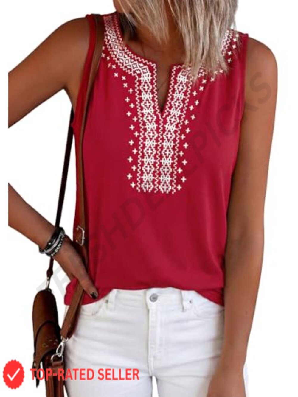 Womens Embroidered Sleeveless V-Neck Tank Top Loose Fit Boho Cotton Summer